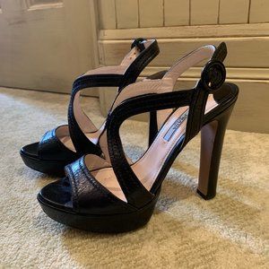 Prada black leather criss cross peep-toe heel